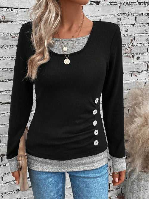 Round Neck Contrast Panel Button Detail Tee Top For Women
