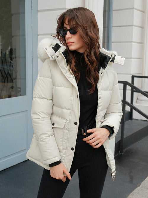 Single Breasted Flap Pocket Fuzzy Trim Hooded Puffer Coat