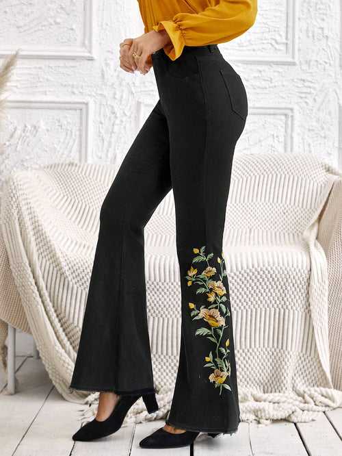Black Floral Pattern Bootcut Flare Leg Jeans For Women