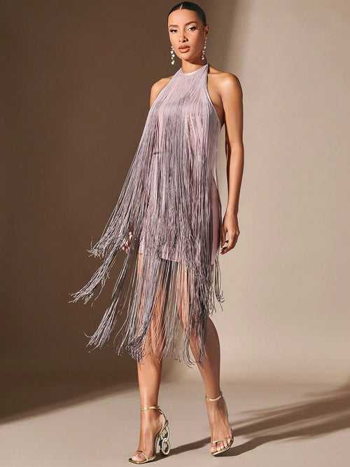 Pink Backless Fringe Trim Halter Neck Slim Fit Party Dress For Women