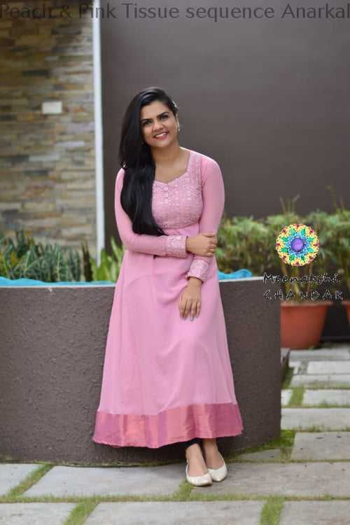 Peach & Pink Tissue sequence Anarkali