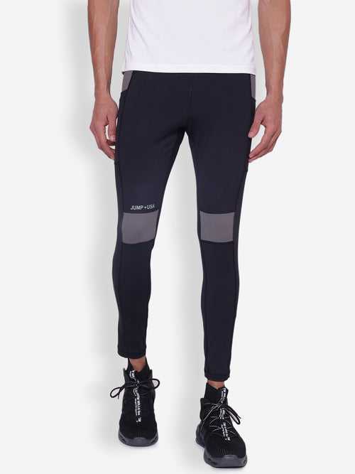 JUMP USA Men Black & Wild Grey Rapid Dry-Fit Antimicrobial Running Tights