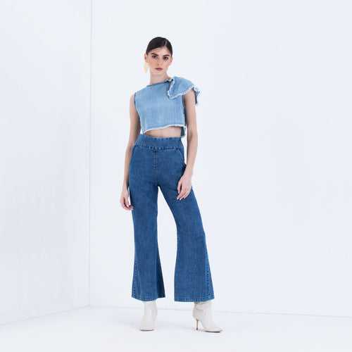 The Vineeta One shoulder ruffled Top & Wide Leg Denim Set