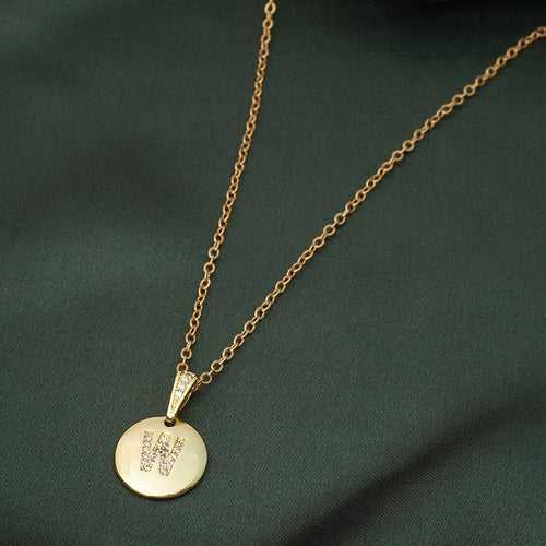 Crystal Studded Alphabet W Gold Coin Necklace
