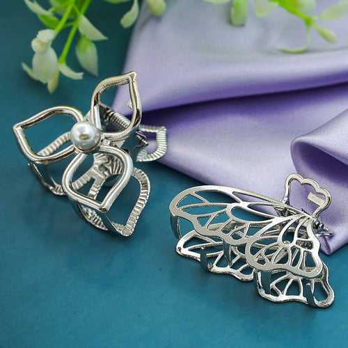 Women Set Of 2 Silver-Toned Embellished Claw Clips