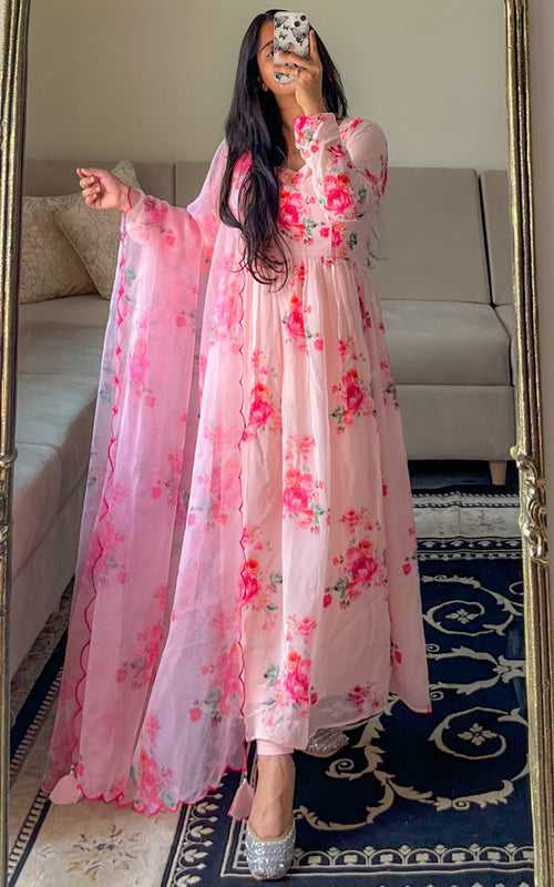 Anam Blush Pink Floral Georgette Anarkali with Cutwork Organza Dupatta