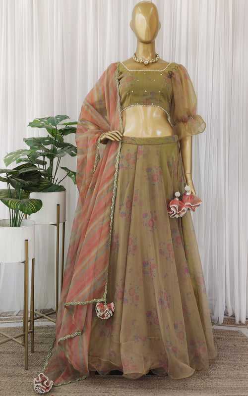 Henna Green Printed Organza Lehenga