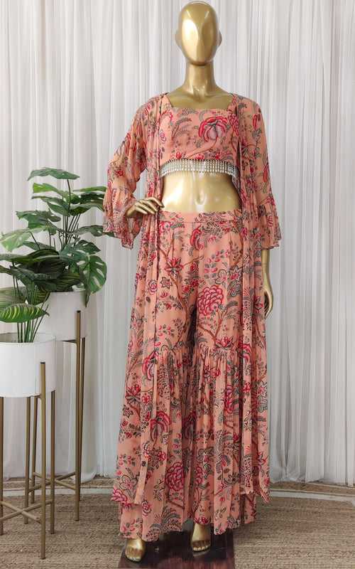 Peach Red Floral Crop-Top & Sharara Set