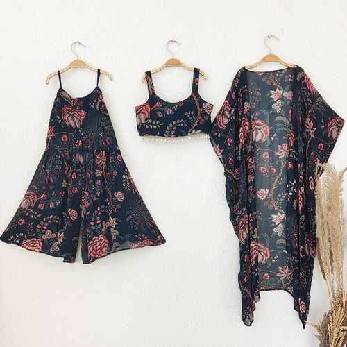 Navy Blue Floral Kids Crop Top & Sharara Set