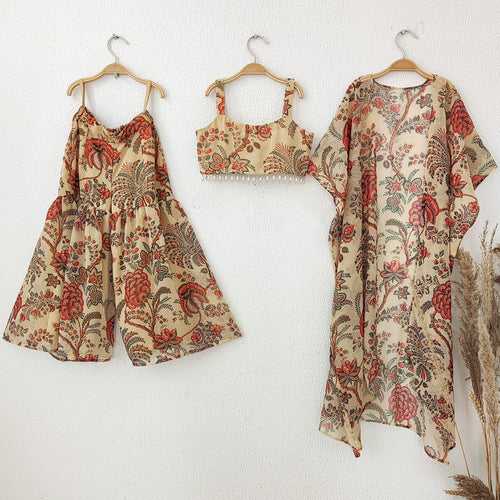 Beige Red Floral Georgette Print Kids Crop Top & Sharara Set