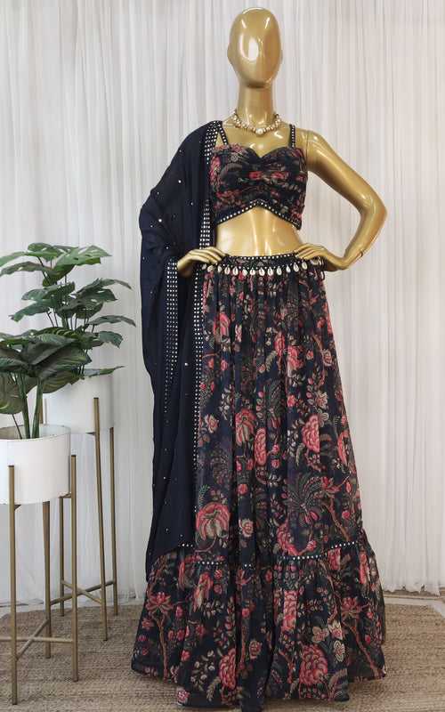 Navy Blue Tropical Mirrorwork Georgette Lehenga