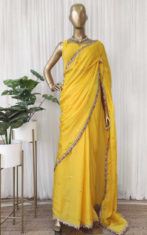 Yellow Sequinwork Satin Organza Saree