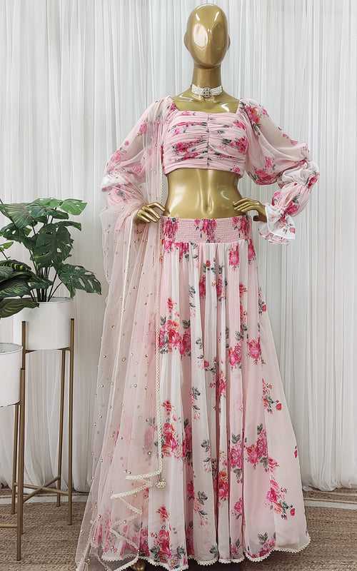 Pink & White Floral Georgette Lehenga