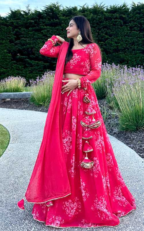 Srishti Red Sequin Work Floral Printed Georgette Lehenga