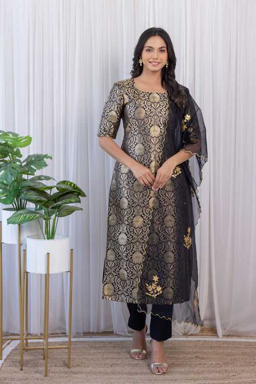 Black Brocade Kurta Set with Gota Patti Organza Dupatta