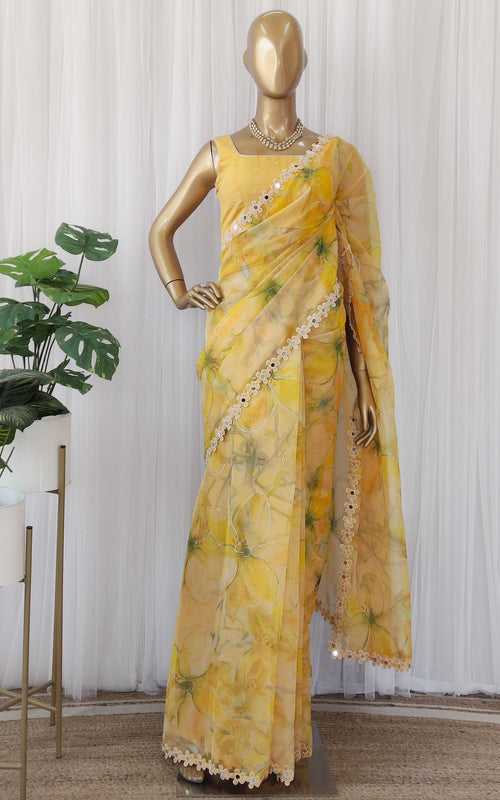 Yellow Floral Organza Mirrowork Saree