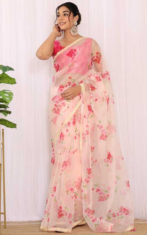 Cream Floral Bougainvillea Saree With Sequinned Shibori Blouse