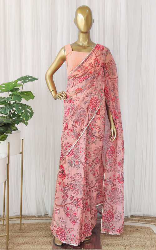 Peach Floral Georgette Saree with Mukaish Blouse