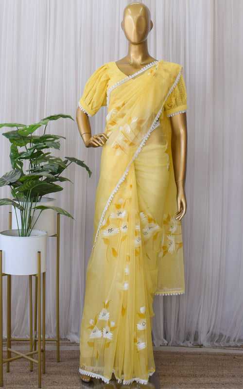 Macaroon Yellow Handpainted Organza Saree