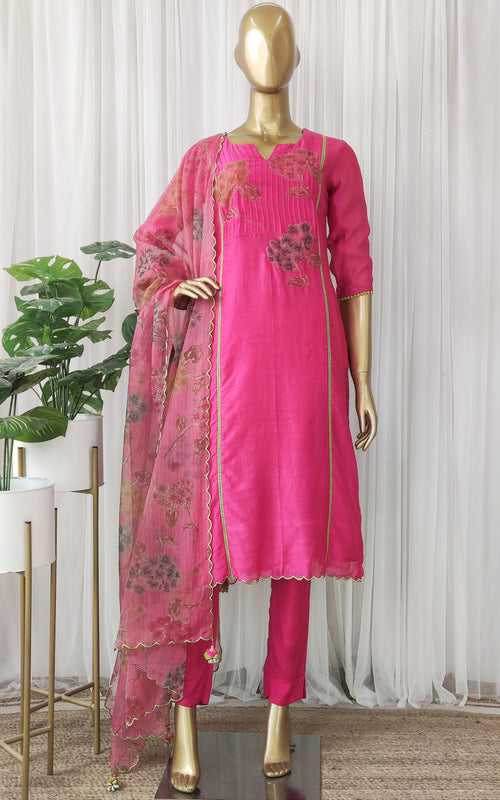 Hot Pink Silk Chanderi Kurta Set with Organza Dupatta