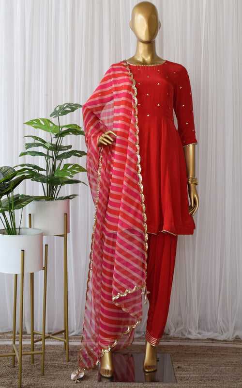 Red Crepe Kurta & Salwar Set With Leheriya Dupatta