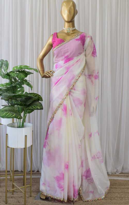 Cream and Pink Shibori Organza Saree