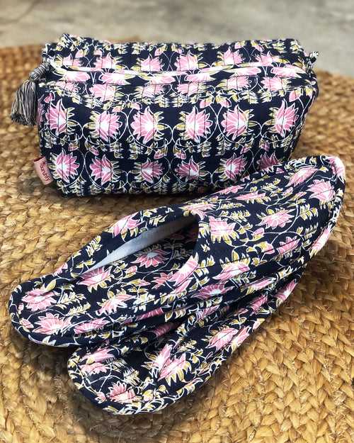 Midnight Blue and Pink Lotus Print Travel Set