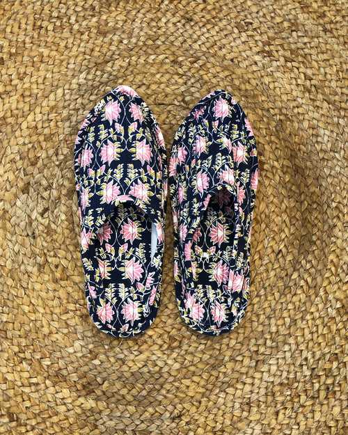 Midnight Blue and Pink Lotus Print Indoor Slippers