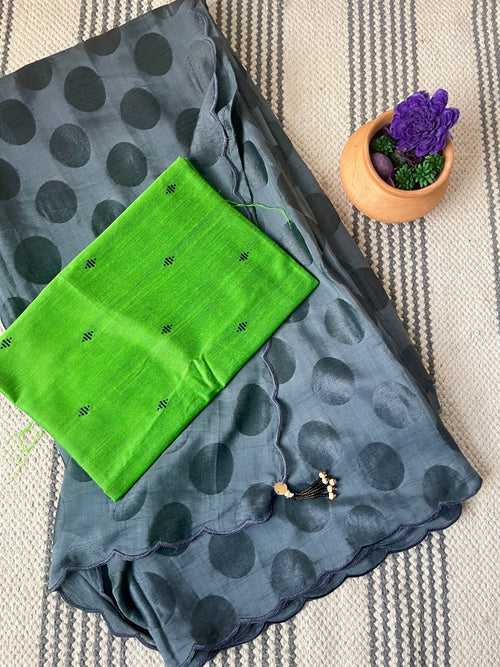 Modal voile self designed grey saree - with semi silk green BP