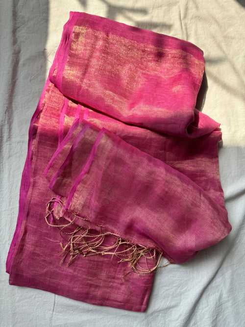 Handwoven gold zari linen saree - No blouse Piece