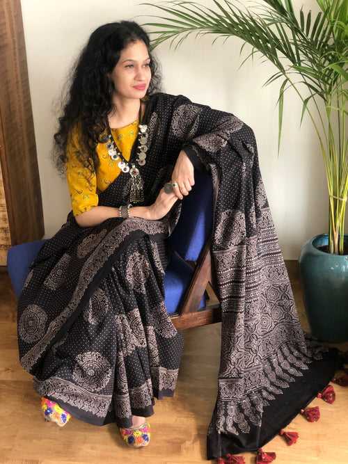 Sundari - vegetable dyed Ajrakh cotton saree