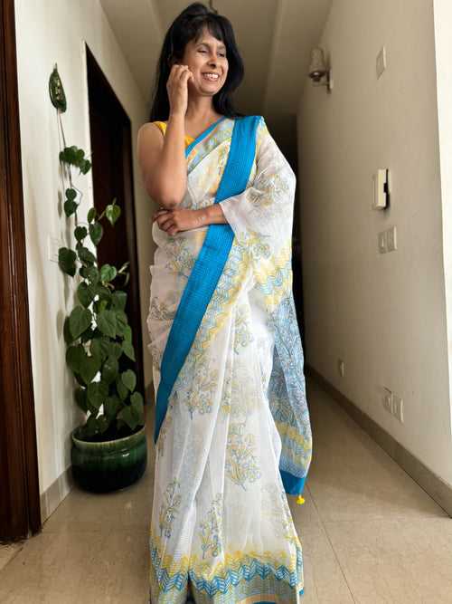 kota doria cotton saree with patchwork border