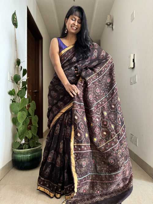 Ajrakh Block Printed Handwoven Linen Saree with Embroidery