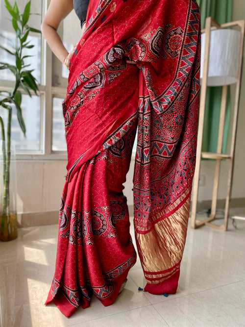 Zari pallu ajrakh modal silk saree