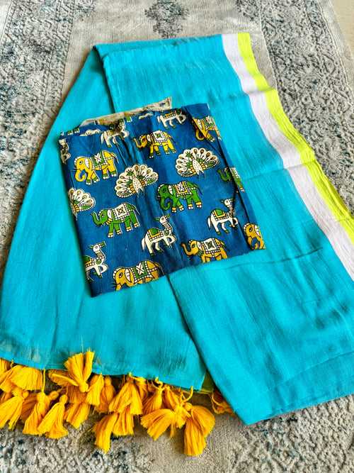 Plain Mul Cotton Saree - Blue with border