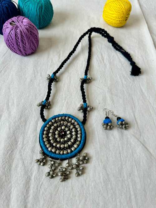 Blue Handcrafted Embroidered long necklace and earrings