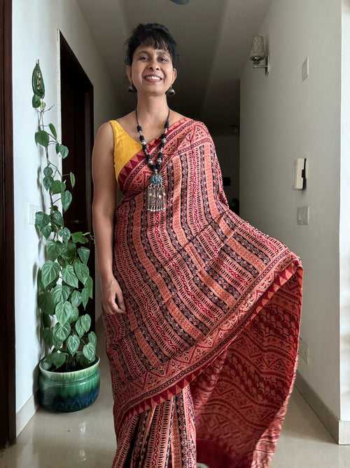 Ajrakh naturally dyed modal silk saree