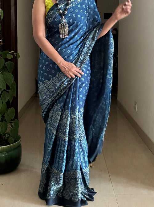 Ajrakh naturally dyed modal silk saree