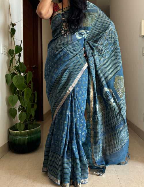 Ajrakh Block Printed Handwoven Linen Saree