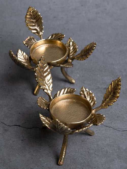 Exclusive Brass Tealight Holders (Set of 2) - Rose Leaves