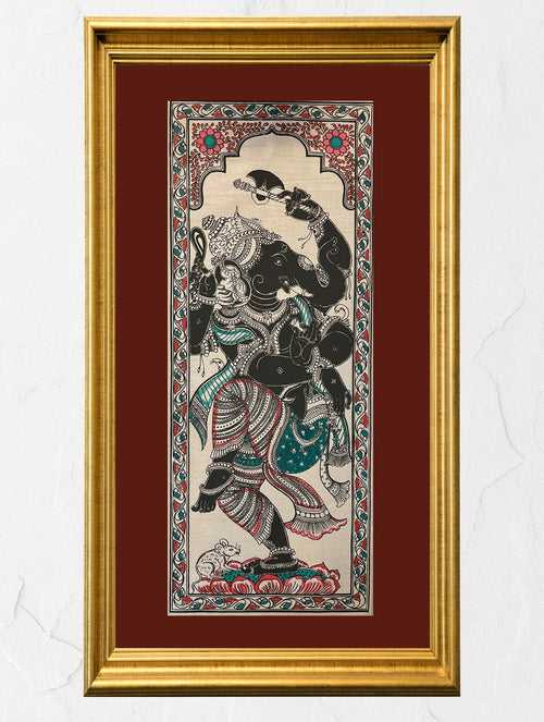 Exclusive Pattachitra Art Silk Painting - Dancing Ganesha