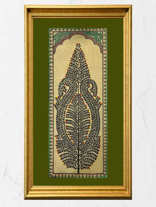 Exclusive Pattachitra Art Silk Painting - Ornate Foliage; Black