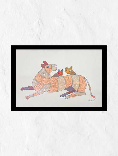 Gond Art Painting - Tiger & Cubs