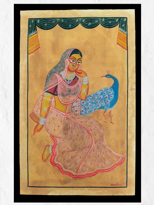 Kalighat Painting - Damsel & Peacock