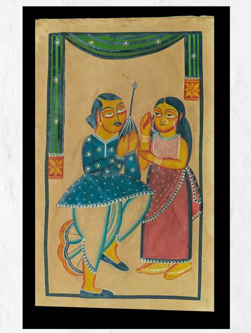 Kalighat Painting With Mount - Couple & Hookah