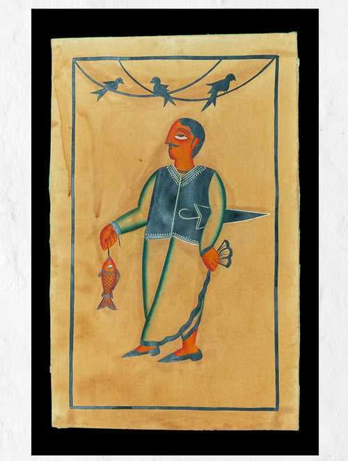Kalighat Painting With Mount - Fish Shopping