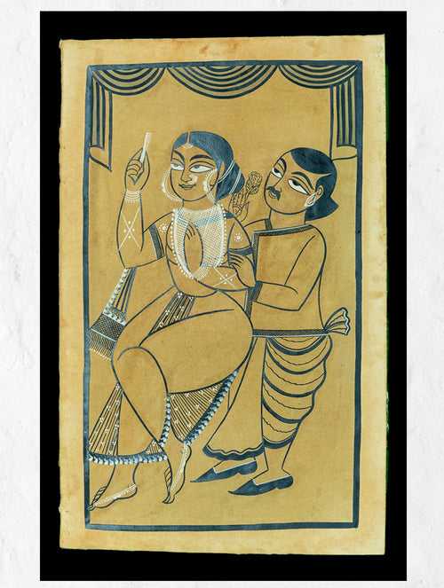 Kalighat Painting With Mount - Flower In Her Hair