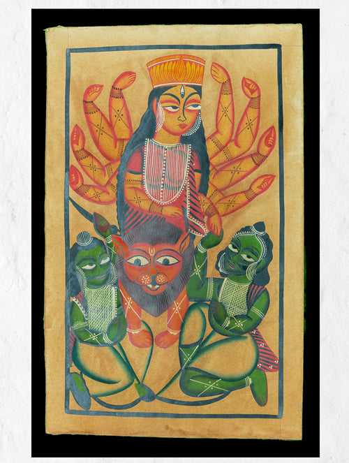 Kalighat Painting With Mount - Goddess Durga