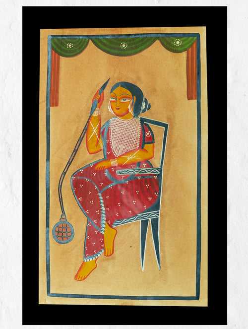 Kalighat Painting With Mount - Hookah Lady