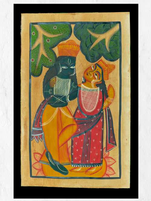 Kalighat Painting With Mount - Krishna Radha
